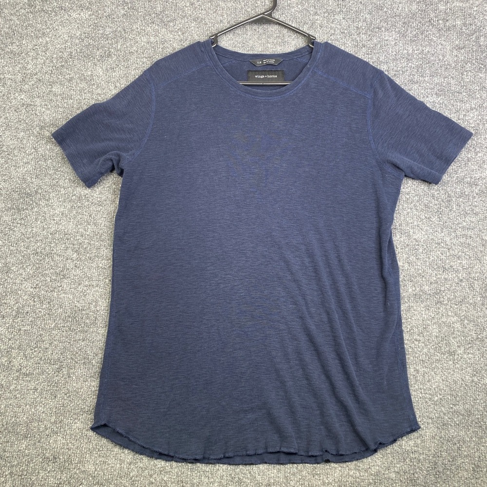 Wings + Horns Mens Navy Blue Slub Cotton Crewneck T-Shirt Size Large Made Canada